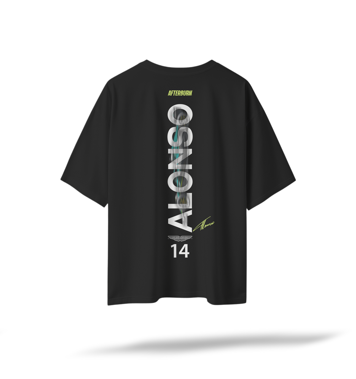 Alonso 14 - Aston Martin F1 Racing[Embroidered Front Logos/Printed Back] | Black Oversized Tee