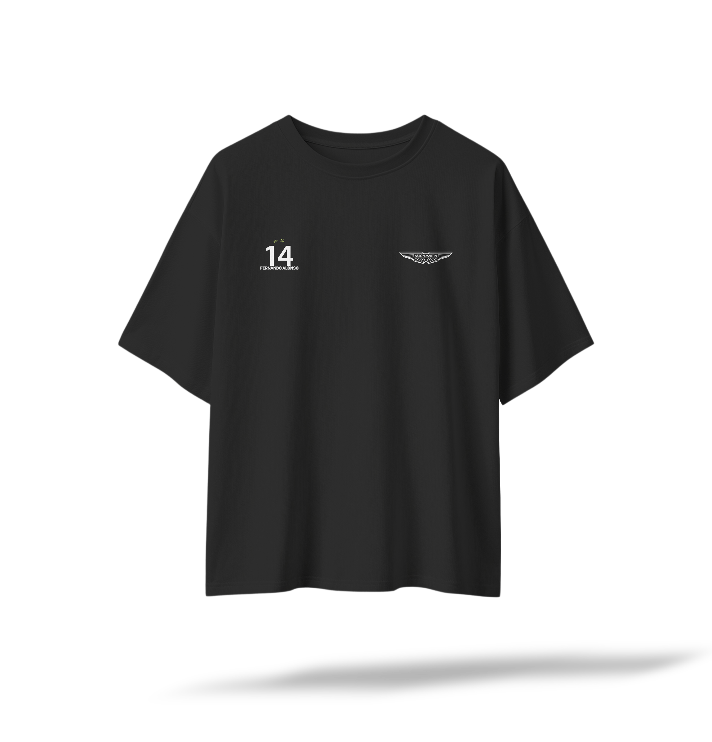 Alonso 14 - Aston Martin F1 Racing[Embroidered Front Logos/Printed Back] | Black Oversized Tee