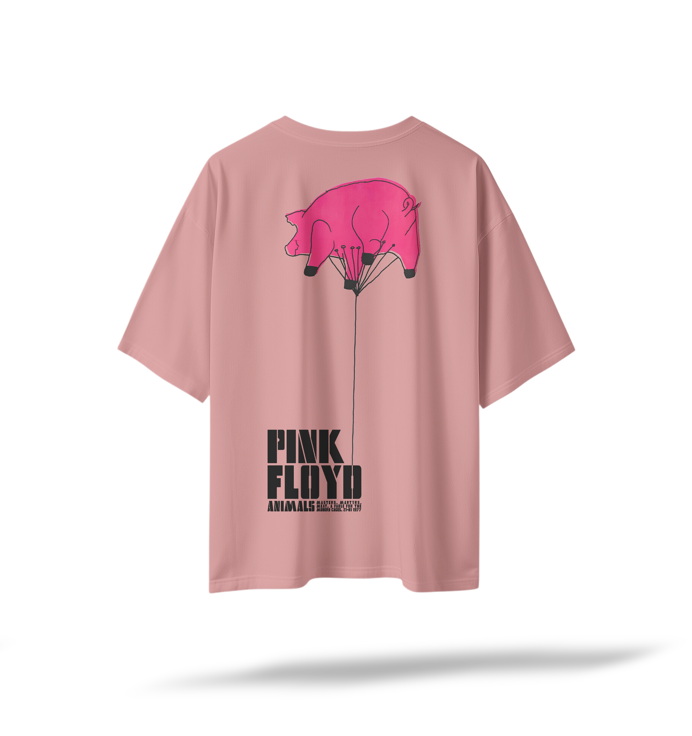 Pink Floyd - Animals[EMBRD Front/Printed Back] | White/Pastel Pink Oversized Tee