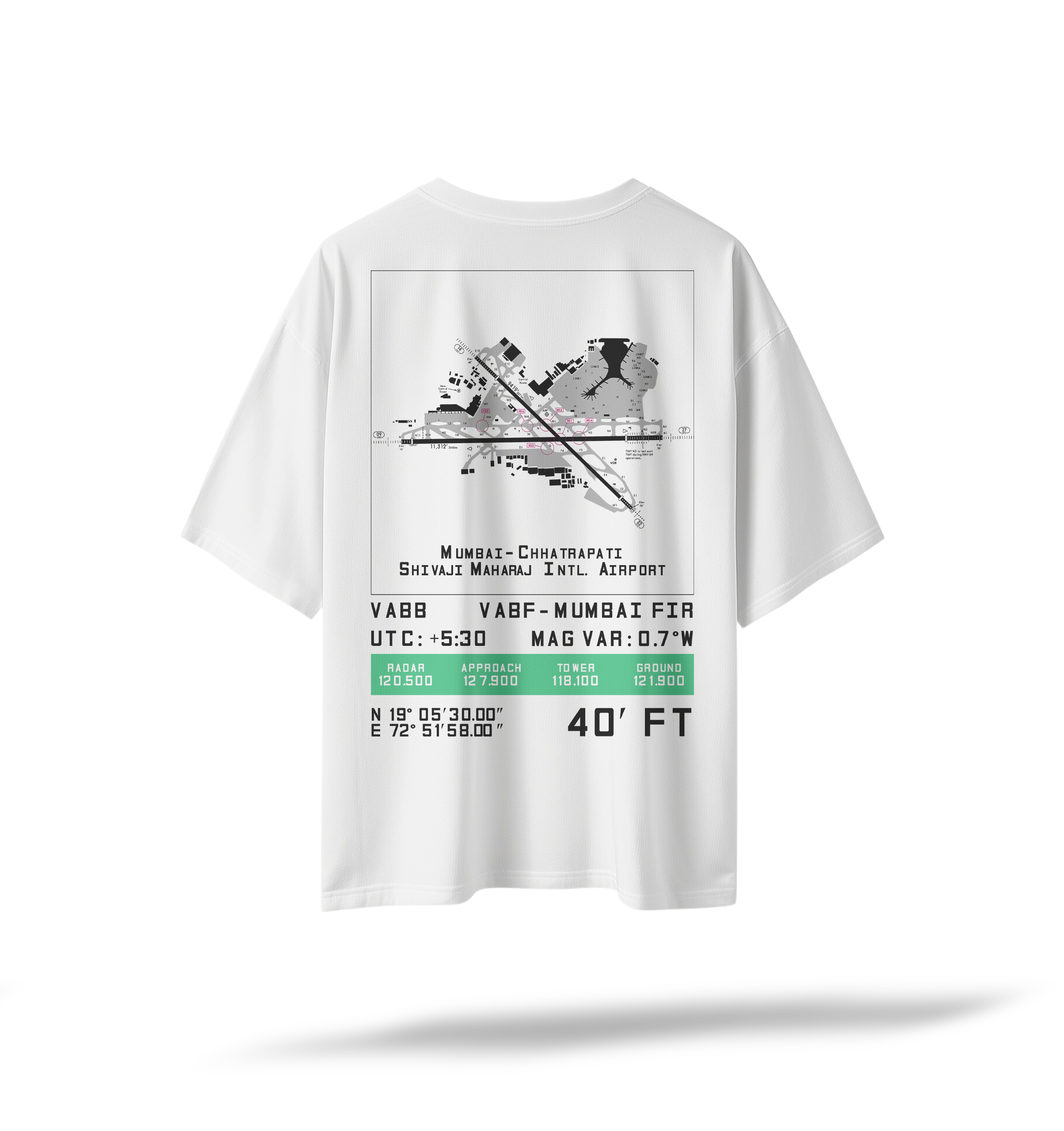 VABB | BOM Pilot's Airfield Map Oversized T-Shirt Black/White | Embroidered Front/Printed Back