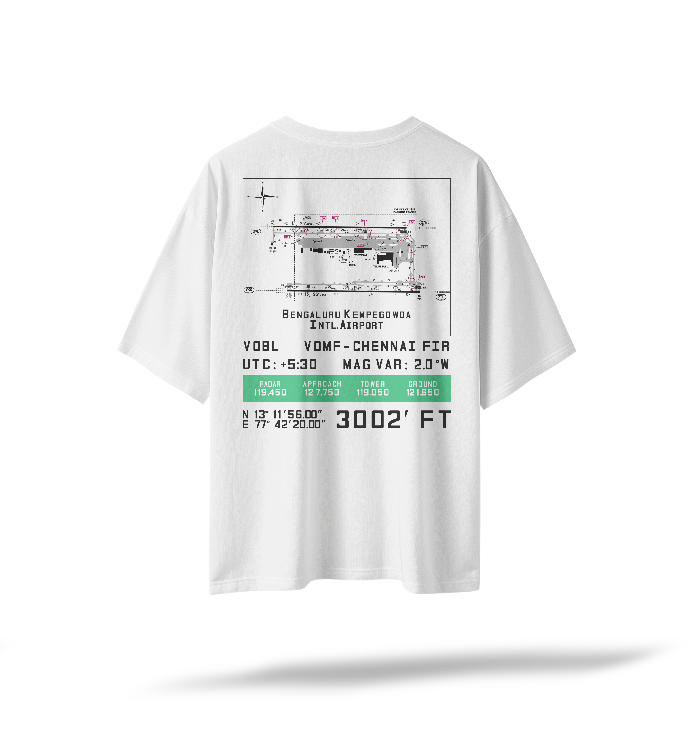 VOBL | BLR Pilot's Airfield Map Oversized T-Shirt Black/White | Embroidered Front/Printed Back