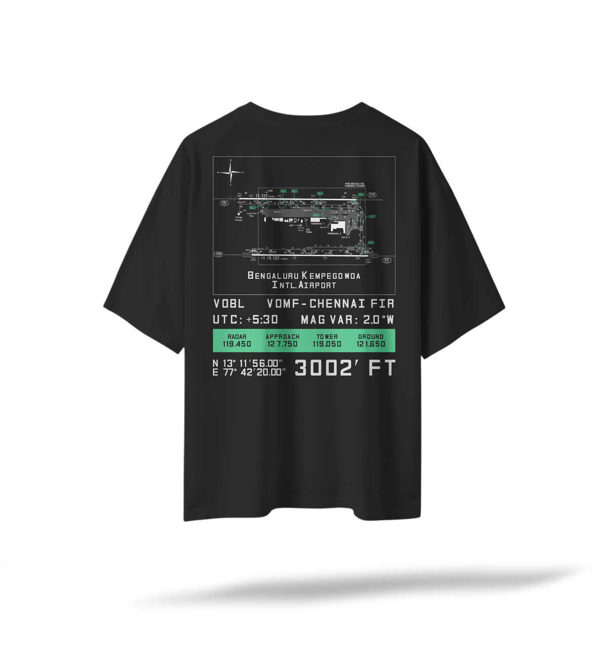 VOBL | BLR Pilot's Airfield Map Oversized T-Shirt Black/White | Embroidered Front/Printed Back