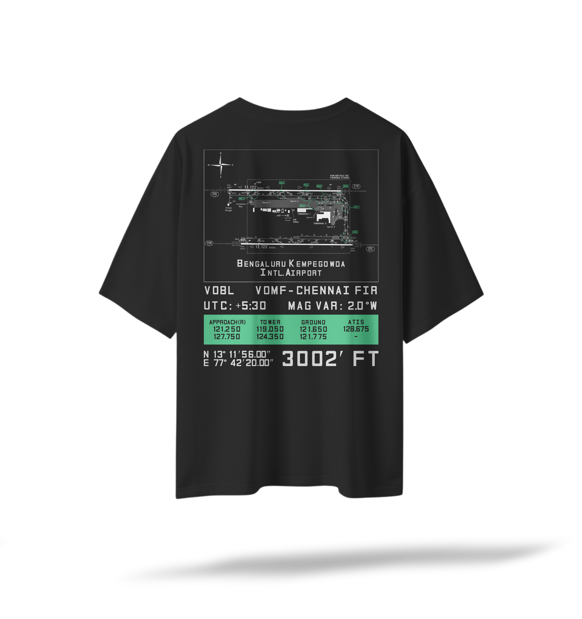 VOBL | BLR Pilot's Airfield Map Oversized T-Shirt Black/White | Embroidered Front/Printed Back